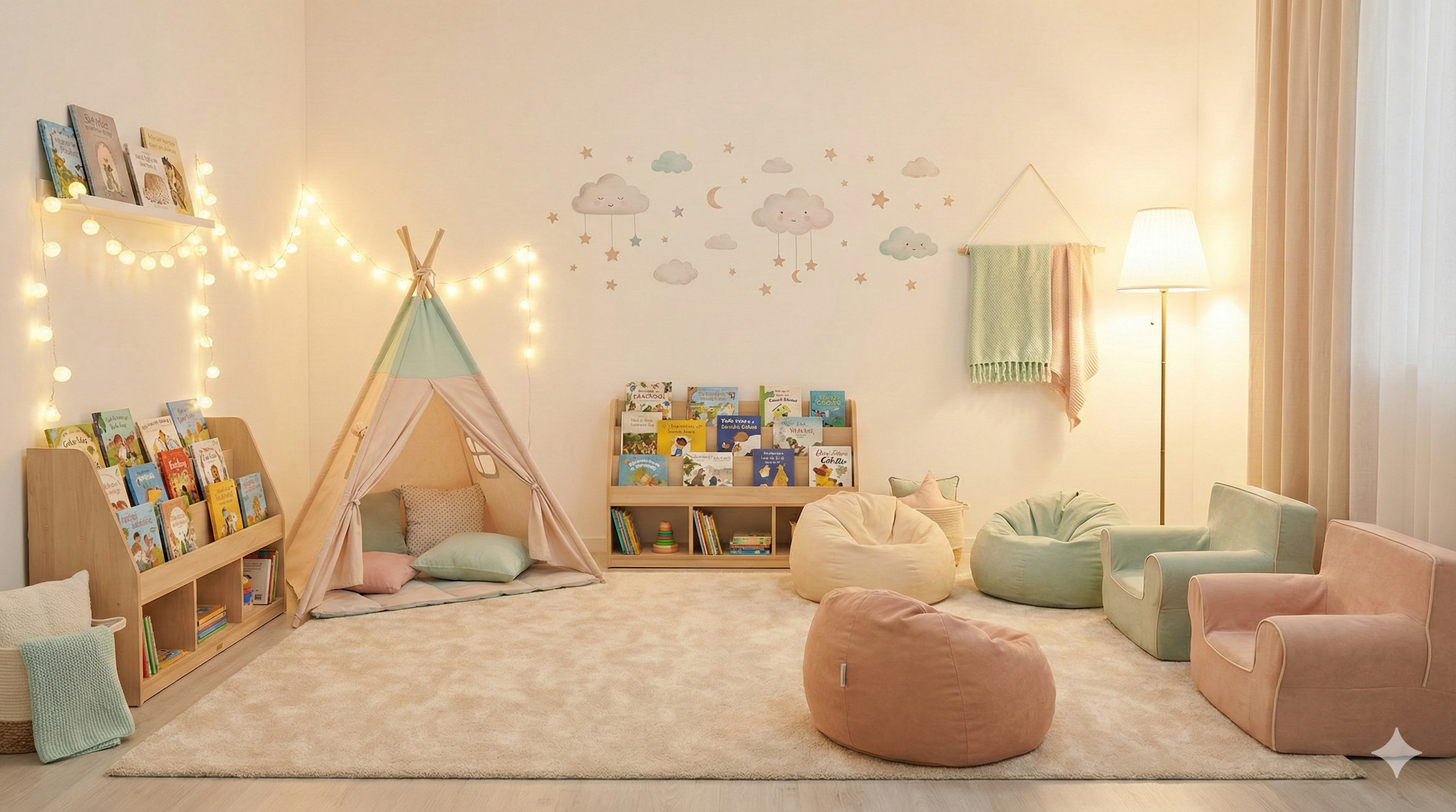 Pöhrə uşaq bağçasının nağıl otağı - kitab rəfləri, yastıqlar və oxu küncü