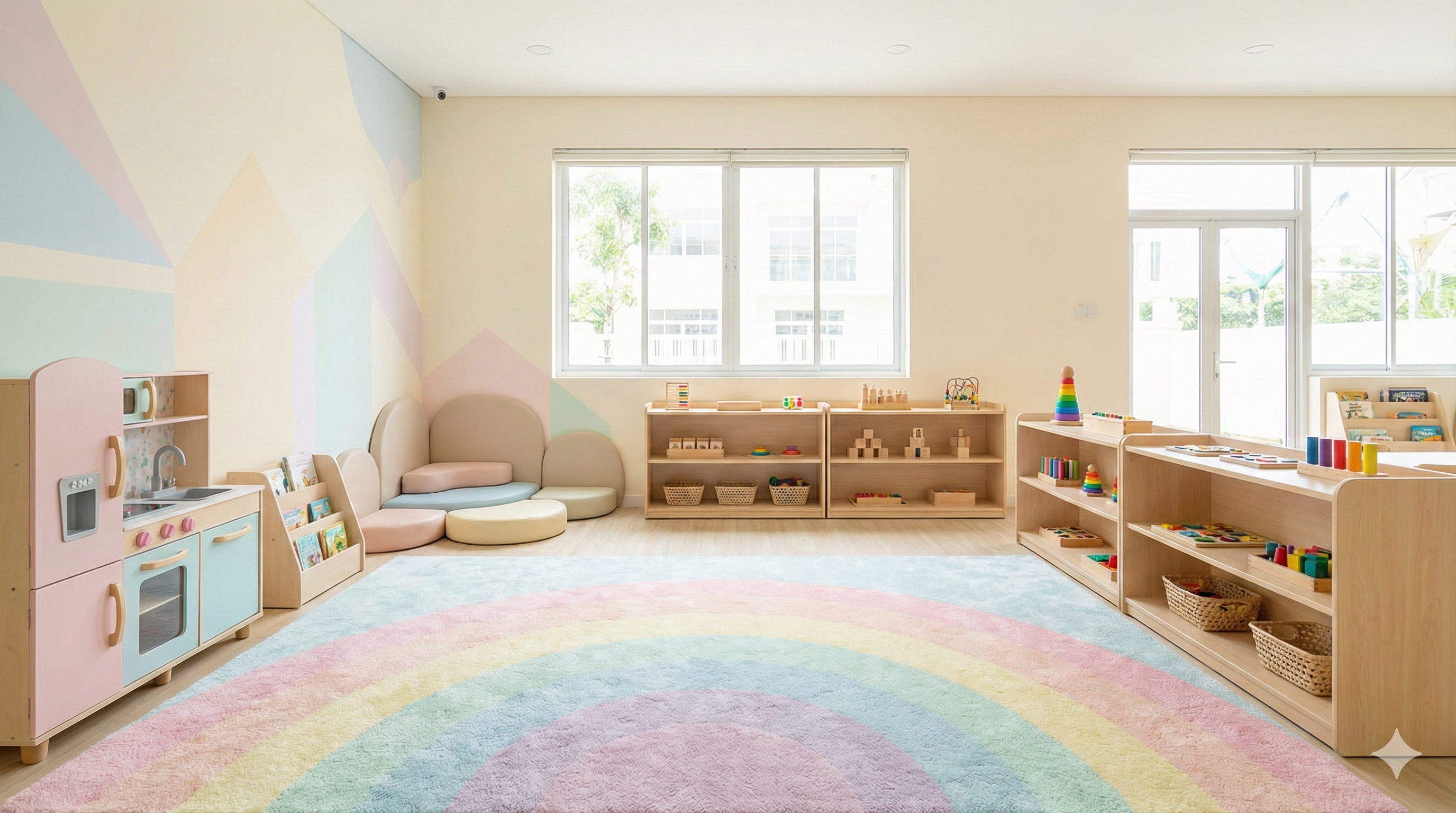 Pöhrə uşaq bağçasının oyun və dərs otaqları interyeri - rəngli oyuncaqlar, konstruktiv oyuncaq küncü və kitab rəfləri