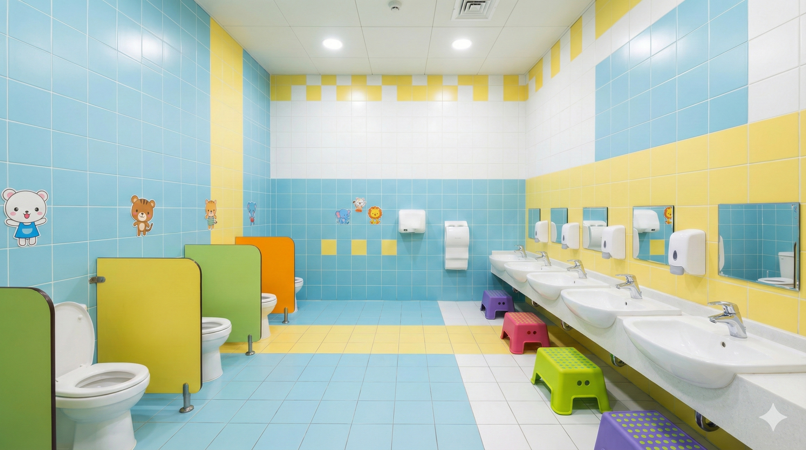Pöhrə uşaq bağçasının təmizlik otağı - uşaq ölçüsündə unitaz və əl yuma yerləri