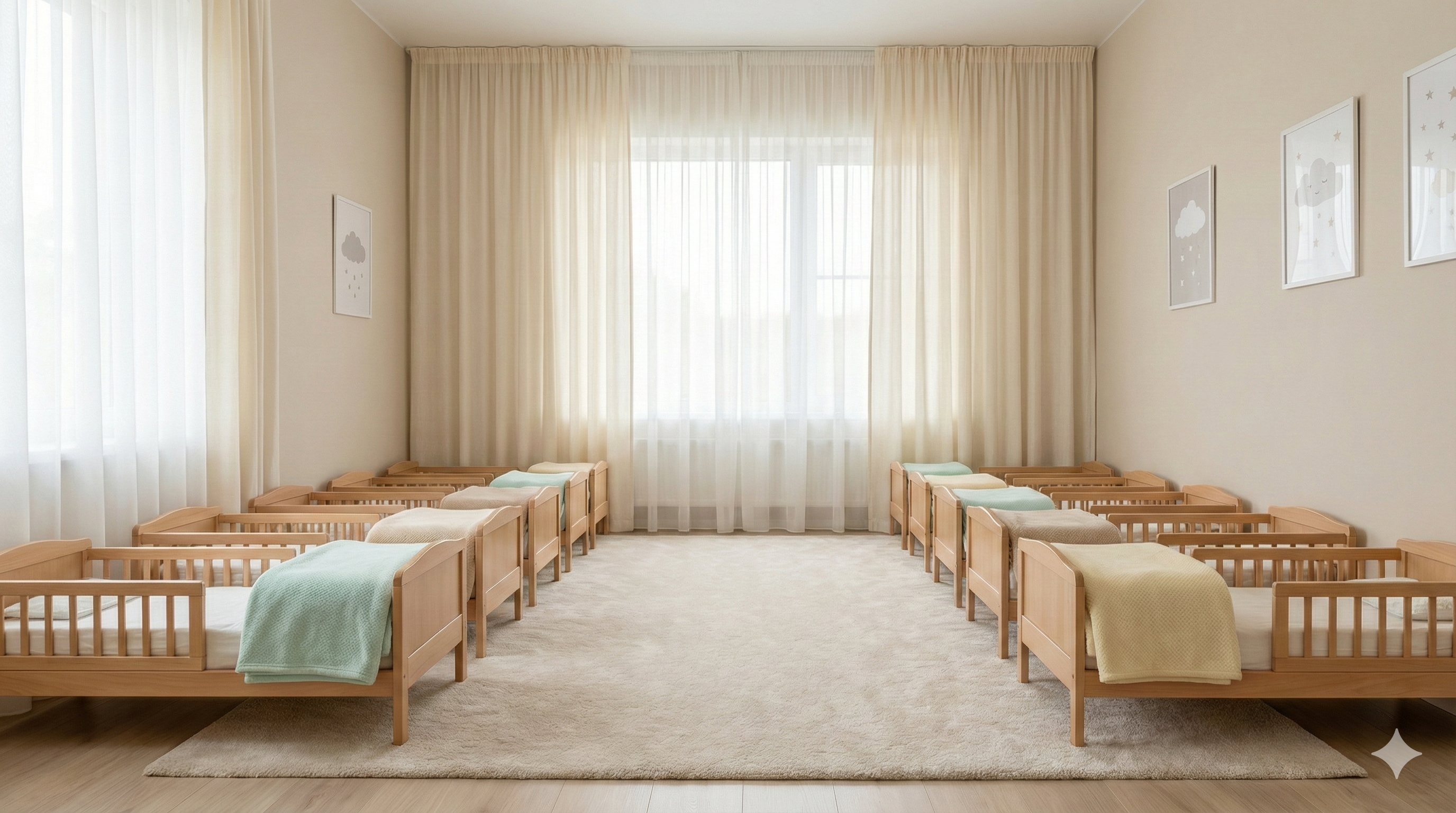 Pöhrə uşaq bağçasının yataq otağı - uşaq çarpayıları və yumşaq yataq dəstləri